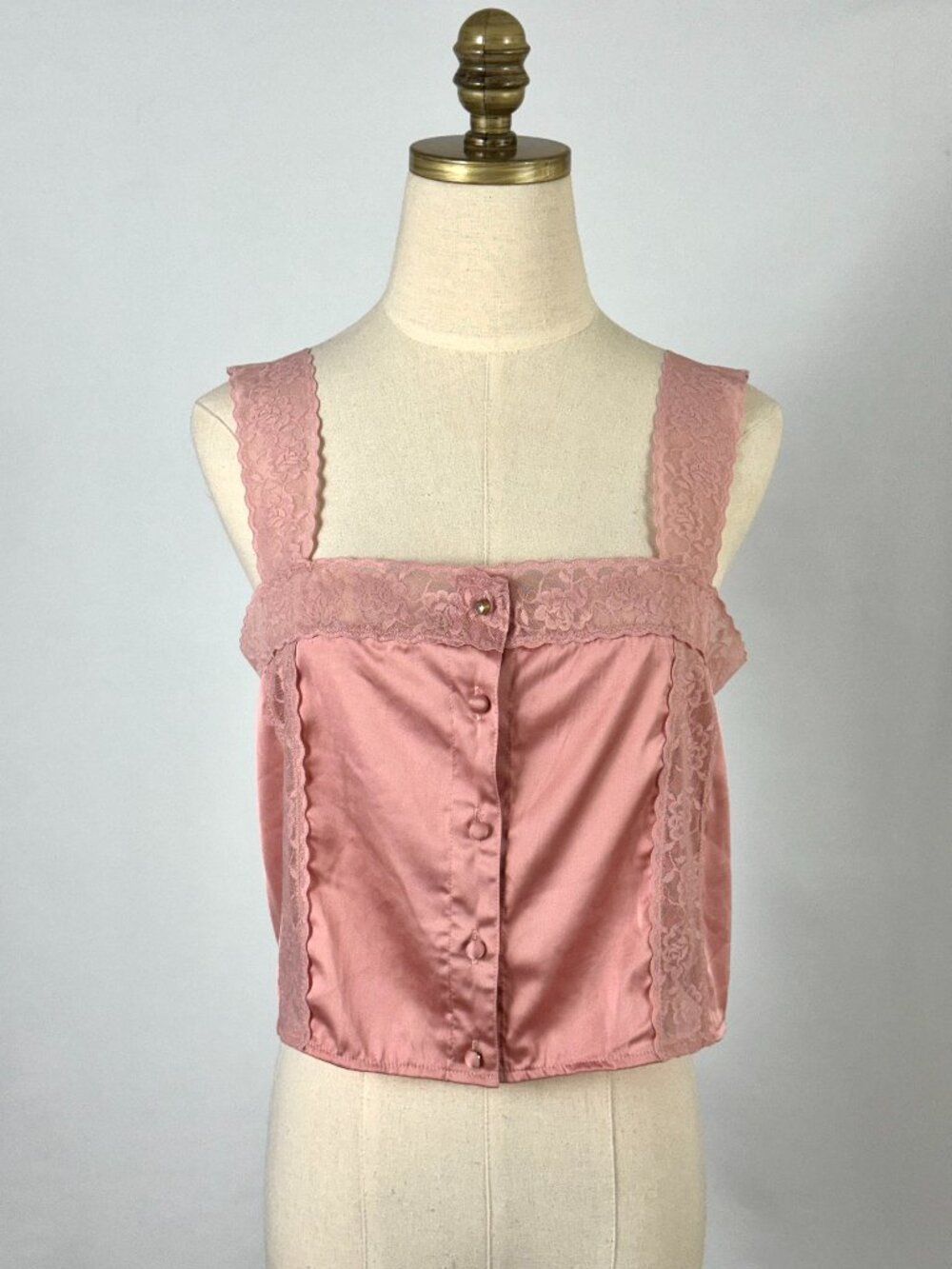 Pink Satin Lace Trim Camisole Cropped Tank Top Coquette Edwardian Button Front